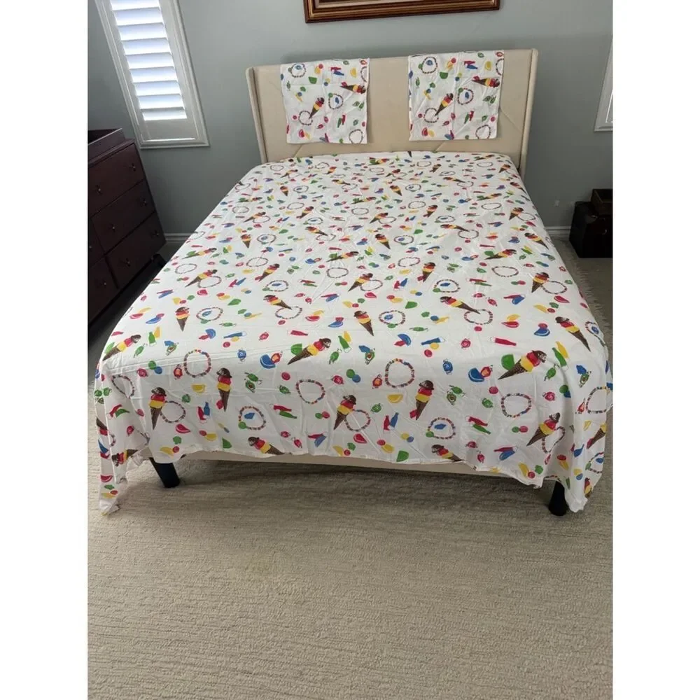 Rare Vermont Country Store Queen Flat Sheet Pillowcases Ice Cream Candy Taffy